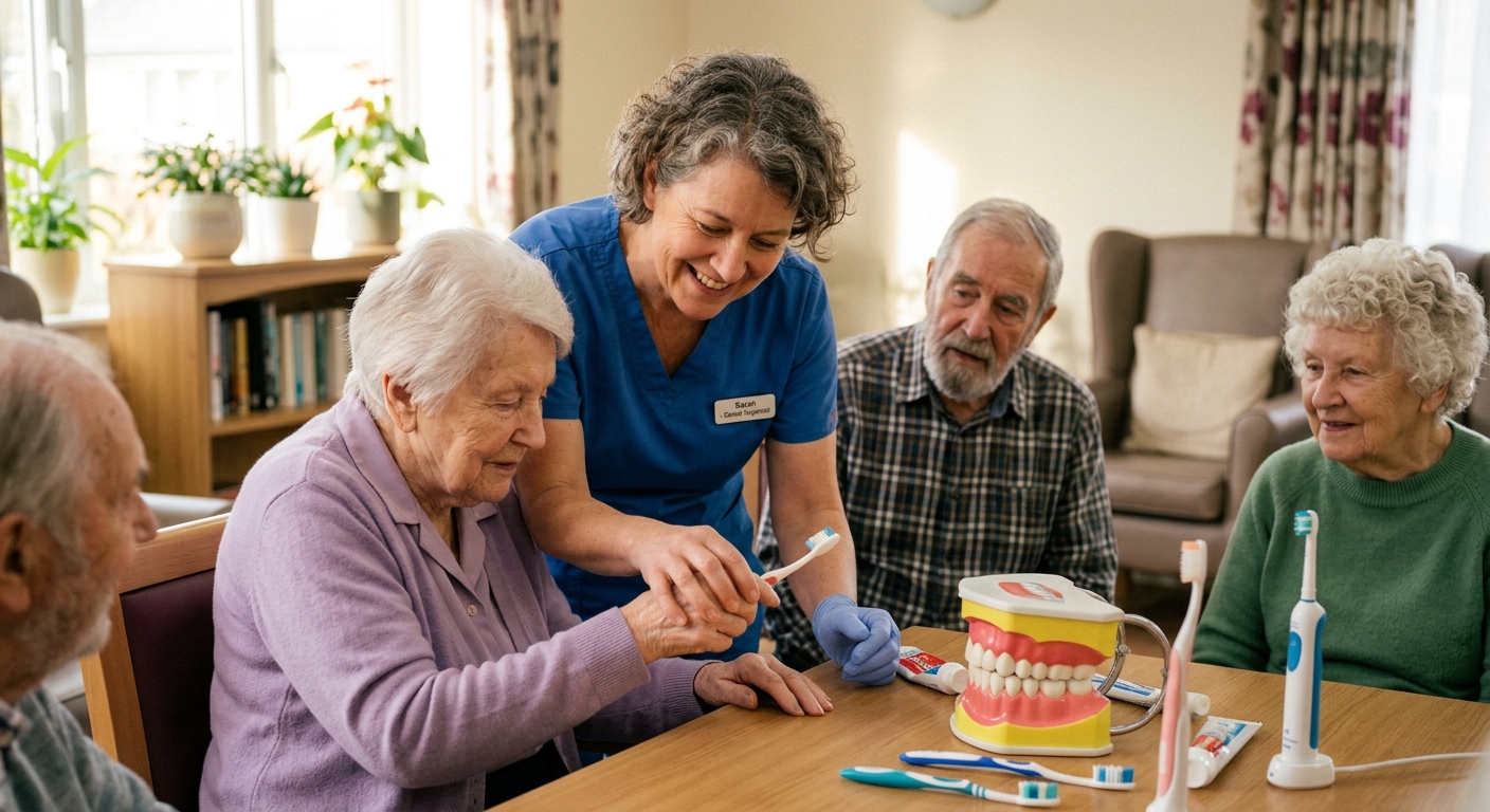 A caregiver guiding an older adult through a practical oral care activity